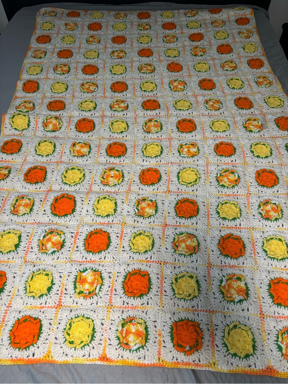 Afghan 3D Granny Flower Knitted Crochet Throw Blanket Orange Yellow 72x45 Groovy - Picture 8 of 8